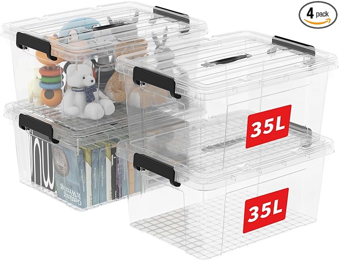 Cetomo Lidded Storage Bin with Handle, Tote Organizing Container with Durable Lid and Secure Latching Buckles, Stackable and Nestable, Plastic, 40 Quart-4 Pack, Clear