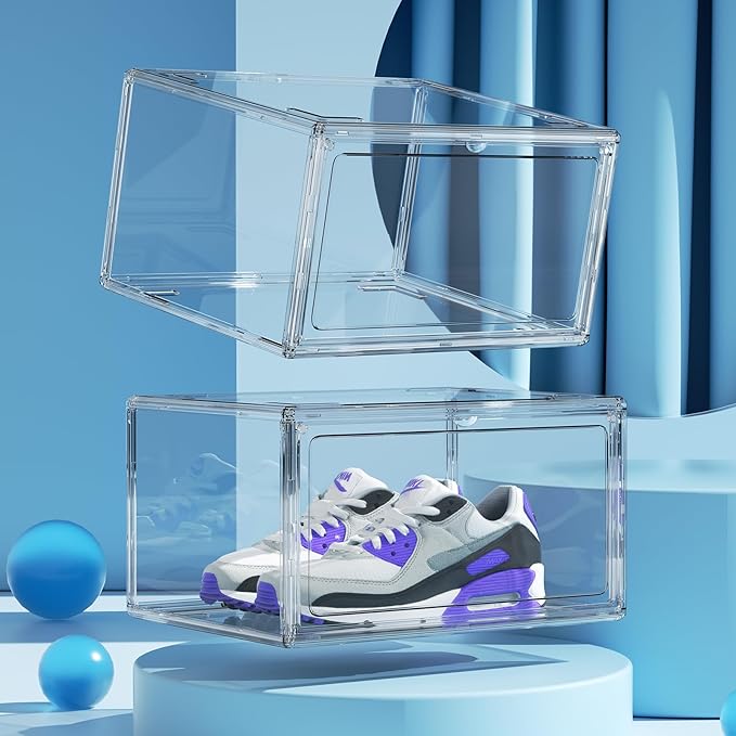 HIYOHIYO 2-Pack Stackable Clear Shoe Boxes, Acrylic Display Shoes Organizer, Thicken Sturdy Display Box with Magnetic Door, Clear Shoe Storage Boxes, Fit up to US Size 14
