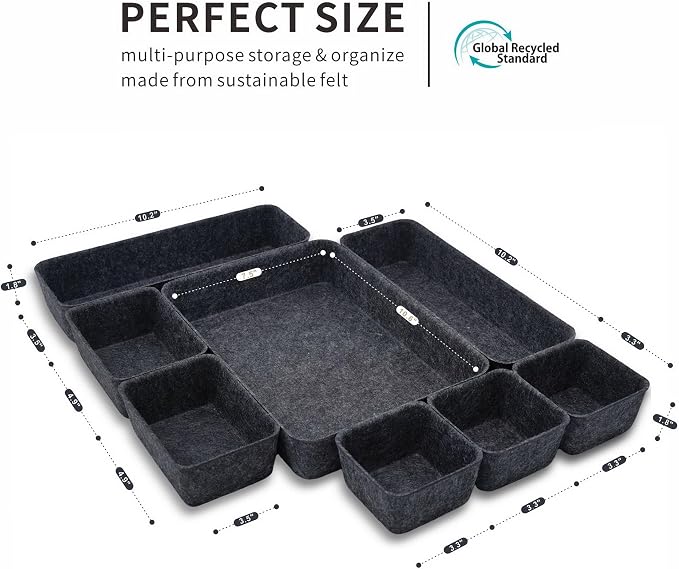 Welaxy Minimalist Felt Desk Drawer Organizer 8-Piece Charcoal Storage Bins