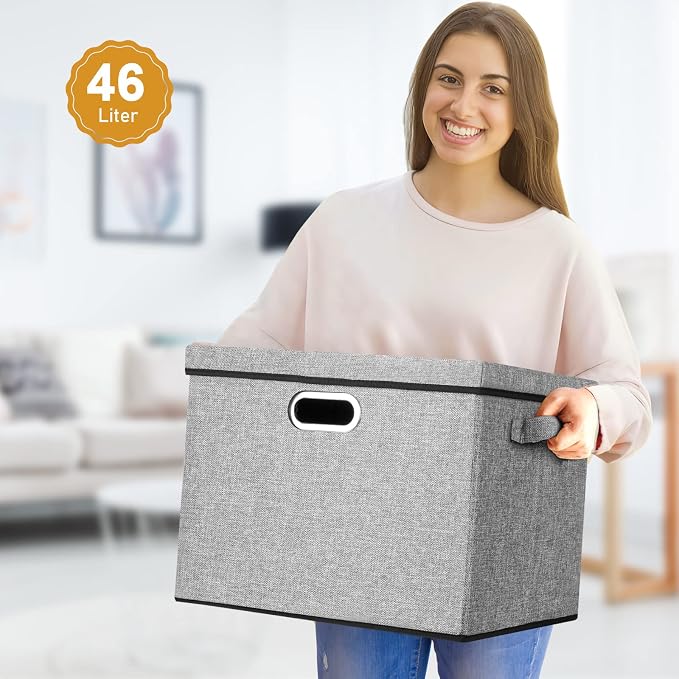Lukeline Collapsible Storage Bins with Lids, 2-Pack Foldable Fabric Linen Storage Boxes Cube, Closet Organizer Storage Basket with Label for Home Bedroom Office(17 x 13 x 13, Gray)