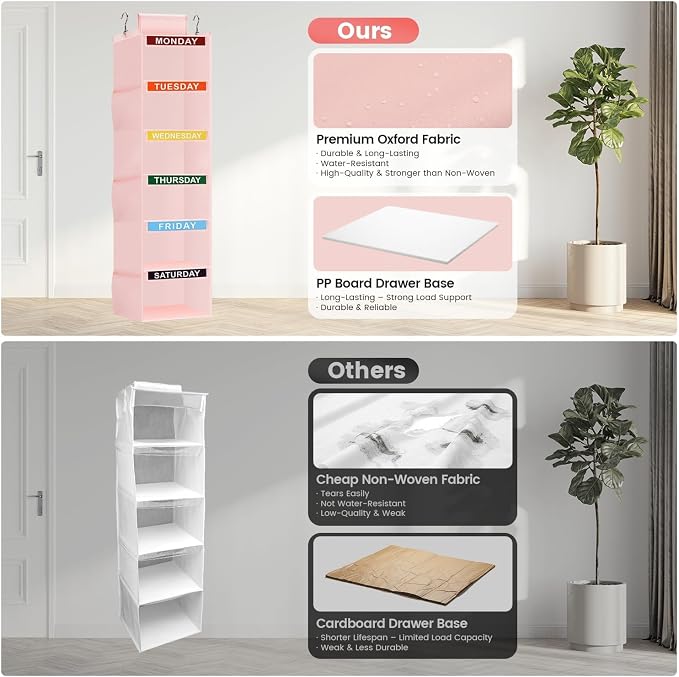 Weekly Clothes Organizer for Kids, 6-Shelf Kid Hanging Closet Organizer w/ 6 Side Pockets, Labeled Weekly Outfit Organizer for Kids, Days of The Week Clothes Organizer Monday Through Friday Pink