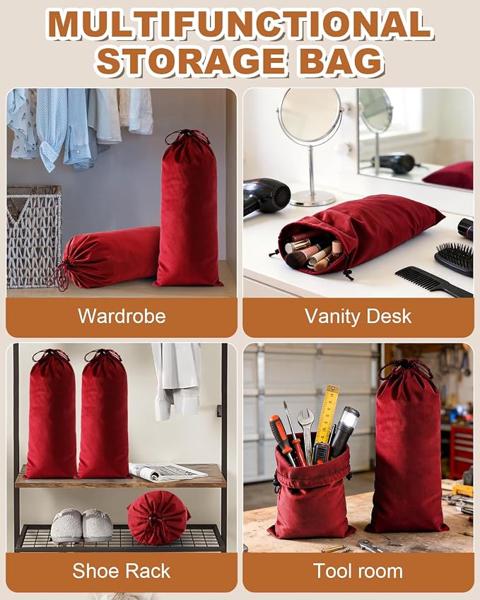 4 Pcs Single Shoe Bags for Travel, Dust Velvet Bag, Rio Red, 17.3x8.6 Inch | Washable & Reusable Travel Shoe Bags, Dustproof Shoe Bags with Drawstring Closure, Suitable for Travel, Home Storage