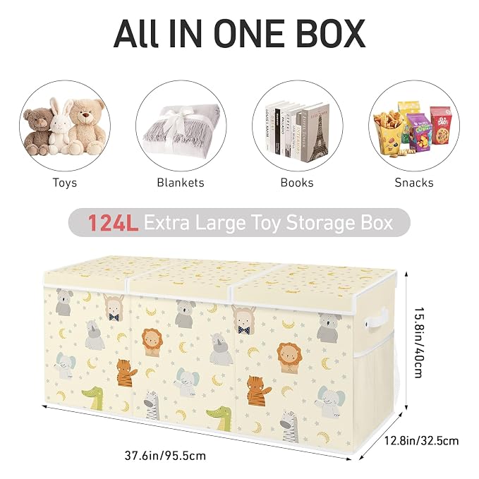 Extra Large Collapsible Toy Box with Lids, Sturdy Storage Organizer for Kids, 38"x16"x13" Toy Chest for Playroom, Nursery, Bedroom, Living Room (Pastel Animals)