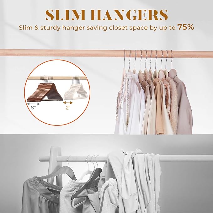 HOUSE DAY Velvet Hangers with Tie Bar 20 Pack, Non-Slip Clothes Hanger | Ivory Space Saving Felt Hangers for Pants, Coat, Suits, Shirt, Scarf, No Hanger Marks, with 360° Swivel Hook for Closet