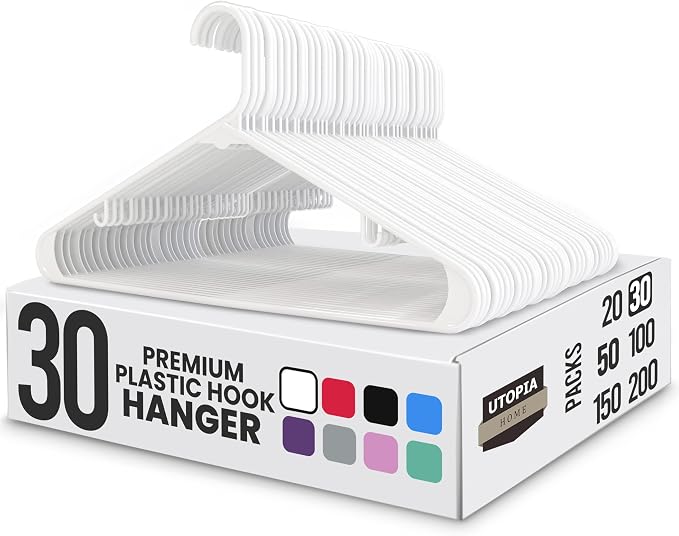 Utopia Home Plastic Hangers, White, 30 Pack | Space saving | Durable & strong | Closet organizer | Clothes hangers | Ideal for shirts, pants, skirts & coats