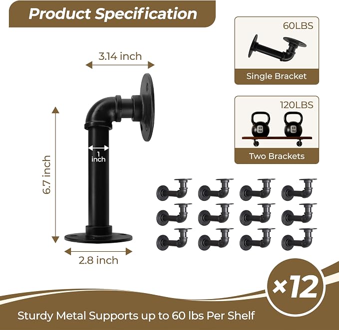 Industrial L Pipe Shelf Brackets for 7-14 in Depth Wood Heavy-Duty 3/4" Iron,Wall Mount Floating Shelf Bracket L Metal Pipe Shelving Brackets for Wood-Black DIY Pipe Shelves(6.7*3.1 Inch 12 Pack)