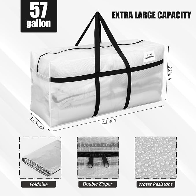 Windyun 4 Pack 57 Gallon Extra Large Moving Bags XXL Heavy Duty Storage Bag with Strong Zipper Handle Jumbo Big Tote Box Foldable for College Dorm Travel Clothes Duffle Blanket Pillow(Transparent)