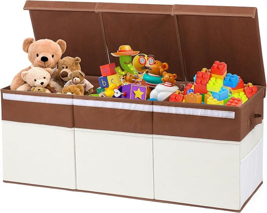 FIIOEOY Extra Large Toy Box with Lids, Collapsible Toy Storage Organizer with Divider for Kids, Sturdy Toy Chest for Bedroom, Nursery, Living Room, Playroom, 40"x14"x16", White & Brown