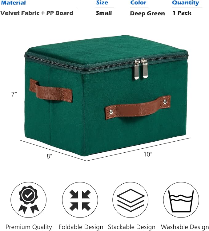 Storage Bins with Zipper Lid Velvet Fabric Storage Boxes Lidded Baskets Foldable Washable Decorative Closet Shelf Clothes Organizer Container with PU Leather Handles (Deep Green, Small)