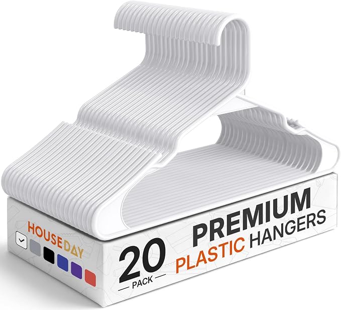 HOUSE DAY White Plastic Hangers 20 Pack – Slim Space Saving Clothes Hangers | Durable Hangers for Shirts, Coats and Pants, Non-Slip Notches Hold Straps, Great for Closet Organization, Dorms & Apartments