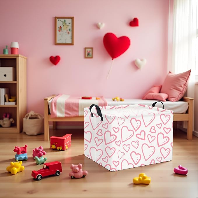 Rectangular Valentines Basket for Home Kitchen Girls Cute Kids Storage Bin Organizer Shelf Book Room Decor(Pink Line Hearts)
