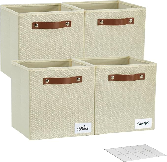 Bagnizer Collapsible Fabric Storage Cube Bins with 2 Reinforced PU Handles, Foldable Storage Organizer Baskets for Closet, Shelves, Living Room | 11"x11"x11", 4 Pack, Full Beige