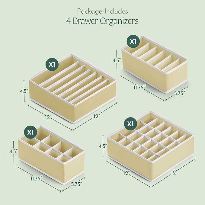 RUBOXA Classic Beige Fabric Drawer Organizer (4 Sizes With 45 Slots) - Foldable Underwear Drawer Organizer - Breathable Bins for Bra, Lingerie, Socks, Scarves, Belt, Tie, Baby Clothes