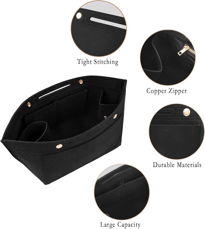 Vercord Purse Organizer Insert for Long champ Felt Organizer Insert with Zipper Handbag Insert Tote Shaper Storage Bag Black S