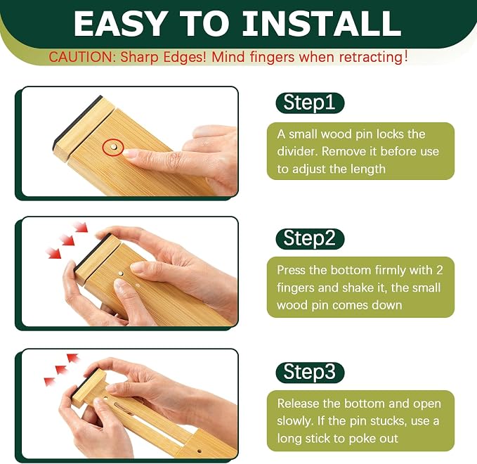 Lzerking Kitchen Drawer Dividers 6 Pack Bamboo Drawer | 17-22" Adjustable, Spring Loaded, Expandable Utensil Organizer, Works in Kitchen, Dresser, Closet, Bathroom, Bedroom