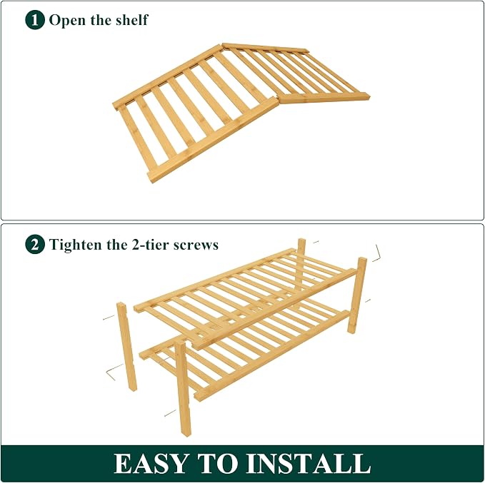 Smiry Bamboo Shoe Rack for Closet, 2 Tier Wooden Shoe Organizer, Stackable Wood Shoe Storage Shelf for Entryway, 14 Vertical Slats, One-piece Heavy-Duty Legs, 26.77"x11.02"x12.99", Natural