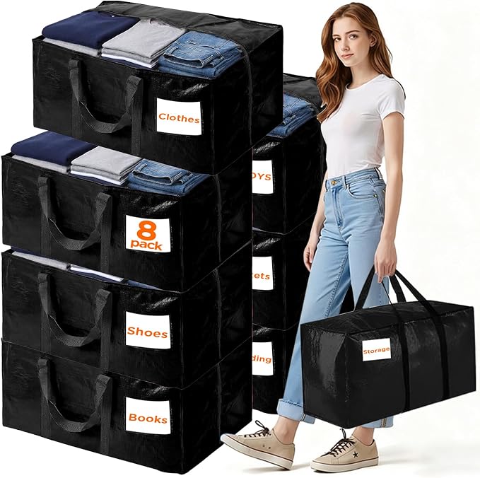 BETU 8 Pack Moving Bags Moving Storage College Dorm Camping Packing Travel PE Heavy Duty, Sturdy Handle, Zipper Large Storage Tote Bag Moving Boxes Box Alternative - Black 29L x 14W x 13H