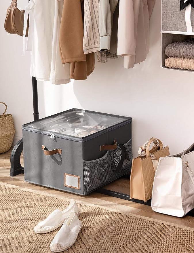 StorageWorks Shoe Organizer for Closet, Fabric Shoe Storage Boxes for Slippers and Sandals, Stackable Shoe Bins for Closet with Side Mesh Pockets, Holds Up to 16 Pairs, Grey