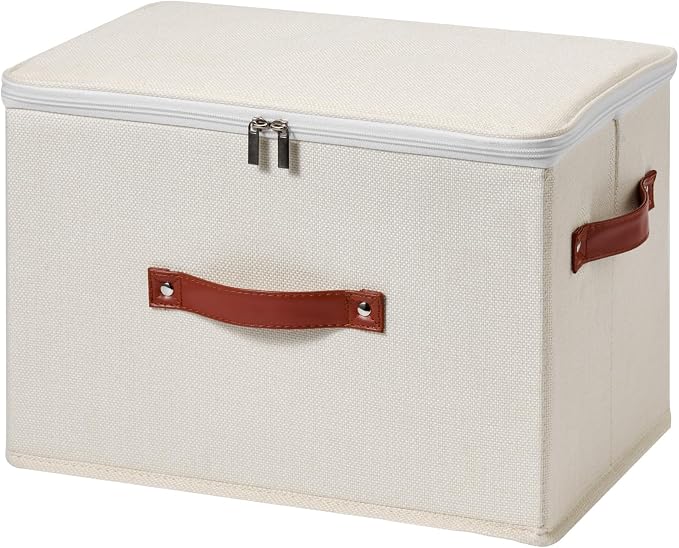 Storage Bin Box with Zippered Lid Cotton Linen Fabric Decorative Basket with PU Leather Handles PP Plastic Board Foldable Lidded Clothing Shelf Closet Organizer Container (Beige, Large)