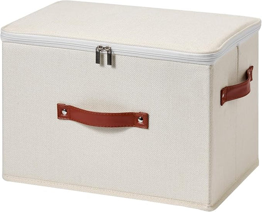 Storage Bin Box with Zippered Lid Cotton Linen Fabric Decorative Basket with PU Leather Handles PP Plastic Board Foldable Lidded Clothing Shelf Closet Organizer Container (Beige, Large)