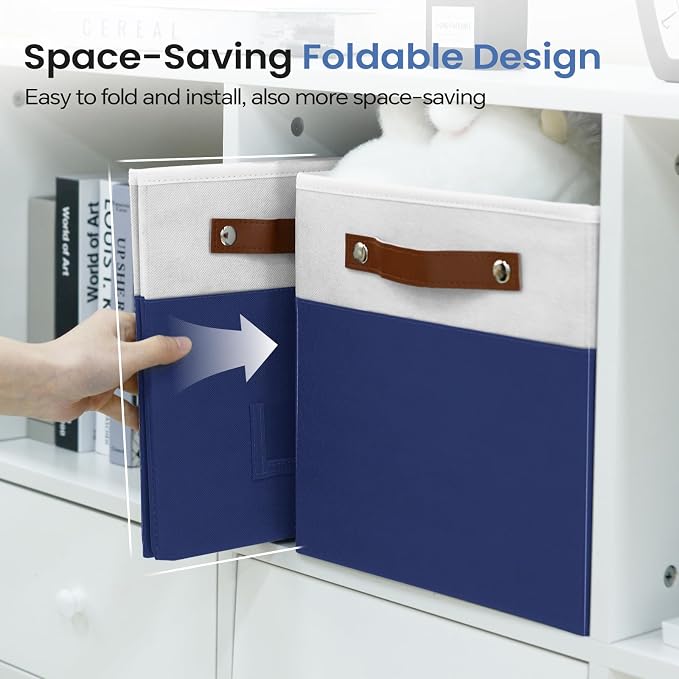 FinishingBo 6-Pack Storage Cubes with Handles & Label Holders Basket, Closet Cube Home Organizer Bins(White/Blue, 10.5 * 10.5 * 11 inch)