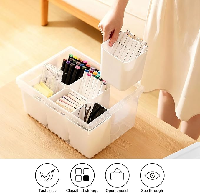 Plastic Storage Bins with Lids, Art Craft Supply Organizer Box with Brush Pot, Multipurpose Stackable Storage Containers for Organizing Tool, Craft, Crayon,Sewing(White)