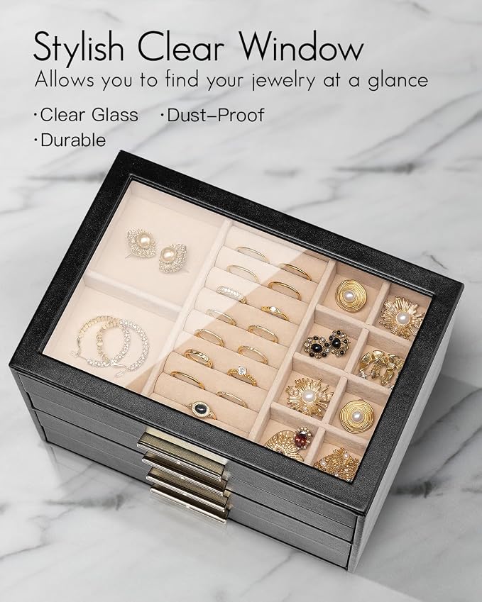 VLANDO 4 Layer Jewelry Box for Women, Glass Lid Jewelry Organizer with 4 Drawers for Necklaces Rings Earrings Bracelets - Black