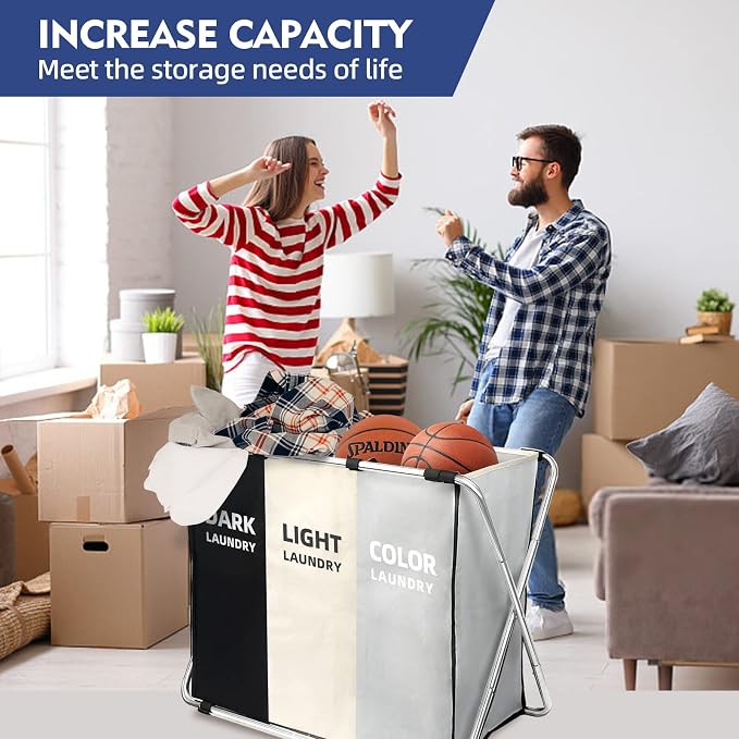 135L Laundry Cloth Hamper Sorter Basket Bin Foldable 3 Sections with Aluminum Frame 26''×24''H Washing Storage Dirty Clothes Bag for Bathroom Bedroom Home Storage Basket (Black+light grey+dark grey, 3