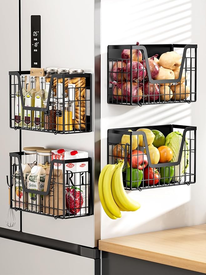 4-Pack Magnetic Fridge Shelf, Black Fruit Basket Potato Storage | Magnetic Shelf Refrigerator Organizer for Fruit & Veggie, Potato Onion Storage Bin; Multi-Use For Kitchen, Pantry & Laundry