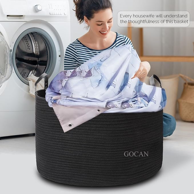 GOCAN Extra Large Storage Laundry Basket 22" X 22"X 14" Cotton Rope Woven for Blanket Basket with Handles for Living Room Toys Storage XXXL (Pure Blk)