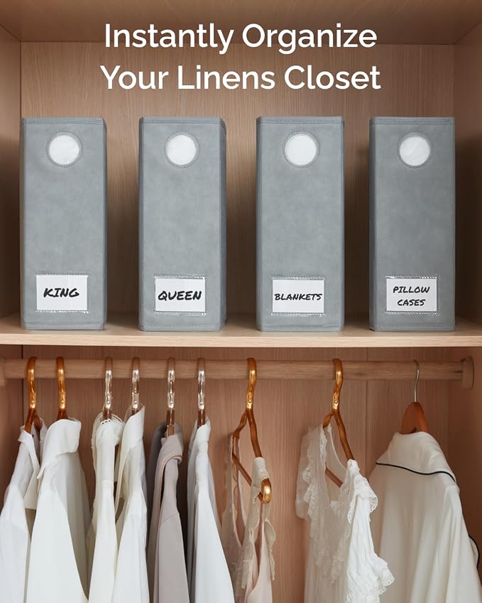 4 Pack Sheet Organizers - Foldable Storage Sheets Set Organizer for Linen Closet - King & Queen Size - Folder Keeper with Window XL - Blanket, Duvet & Pillowcases Dustproof Bedding Container - Grey