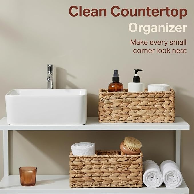 Water Hyacinth Wicker Baskets for Storage, Handwoven Rattan Shelf Basket for Organizing Pantry Closet Bedroom, 100% Natural Decorative Woven Organizer with Handles and Waterproof Canvas, 6 Pack