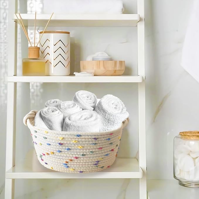 Esme L&H Small Woven Rope Storage Baskets for Organizing, Set of 3 Small Decorative Basket Organizer for Storage, Cute Rainbow Storage baskets, bins, Box for Baby nursery,Toys, Shelves, Closet...