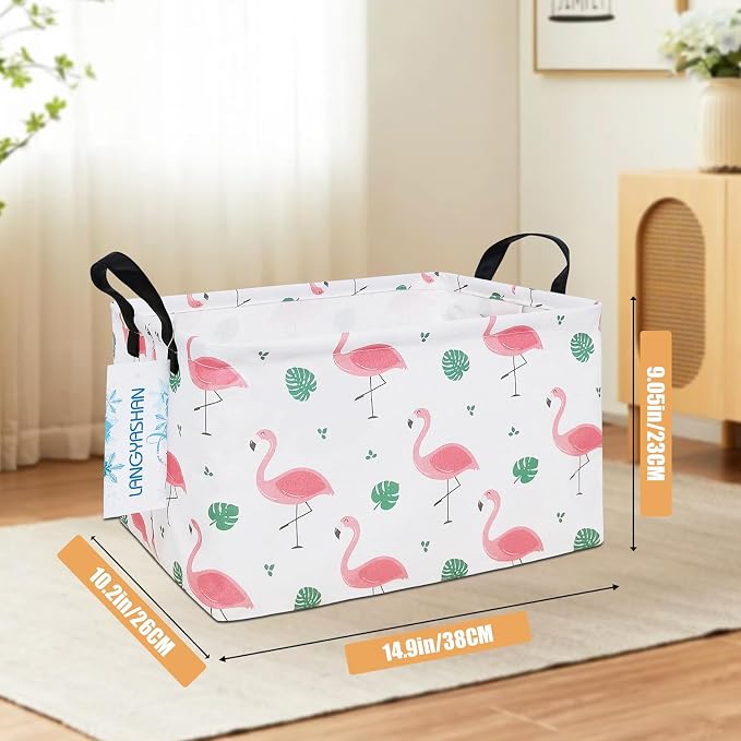 Rectangular Collapsible Leaf Flamingo Storage Basket Nursery Organizer | Storage Bin Foldable Canvas with Handles for Organizing Home Kitchen Children Toys Office Closet Shelf Baskets