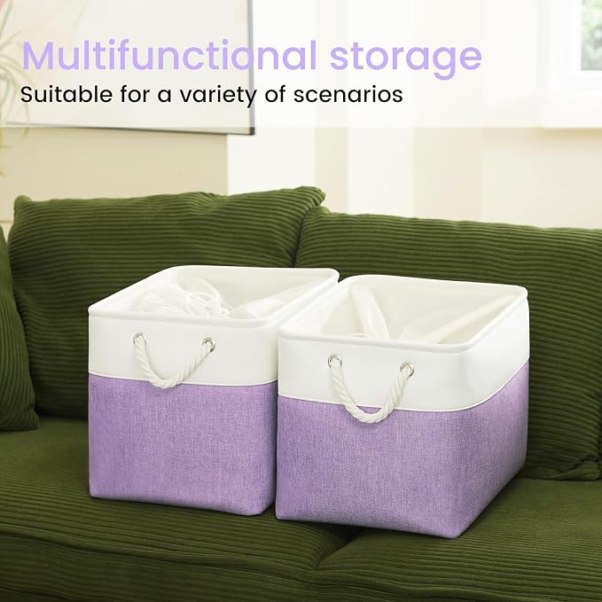 16x12x12 In Foldable Fabric Large Storage Bins with Handle 3 Pack | Storage Basket with Draw String Top, Sturdy Metal Strand, Cardboard Support Molding, for Shelf, Closet, Bedroom, White/Purple