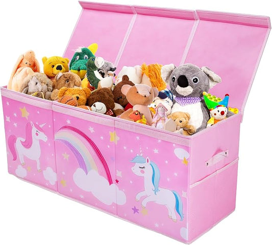 decalsweet Unicorn Extra Large Toy Box Chest with Flip Lid for Kids, Collapsible Oxford Toy Storage Box with Handles Mesh Pockets, Sturdy Waterproof Toy Box for Bedroom Playroom, 37.7×12.5×15.7 Inch