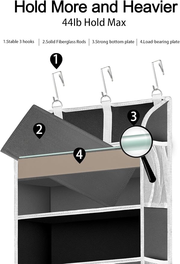 TAHAVICE Over the Door Organizer Storage, 5 Large & 10 Mesh Pockets | Hanging Organizer Closet College Dorm Essentials for Girls, Storage for Dorm Organization, Nursery & Bedroom (Dark Grey)