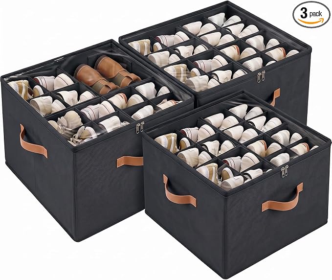 Fabric Shoe Organizer for Closet, 3 Pack Shoe Storage Organizer with Clear PVC Cover and Adjustable Dividers, Fits 24-48 Pairs – Shoe Organizer Box Foldable & Dustproof