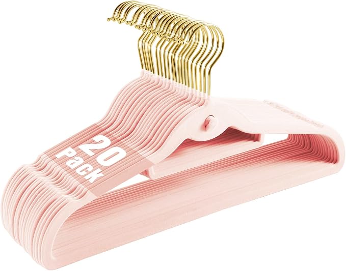 Heavy Duty Velvet Clothing Hangers, 20 Pack Light Pink - Slim Stackable Non-Slip Felt Suit Hangers with 360° Swivel Gold Hook for Dorm & Space Saving, Adult Clothes Hangers