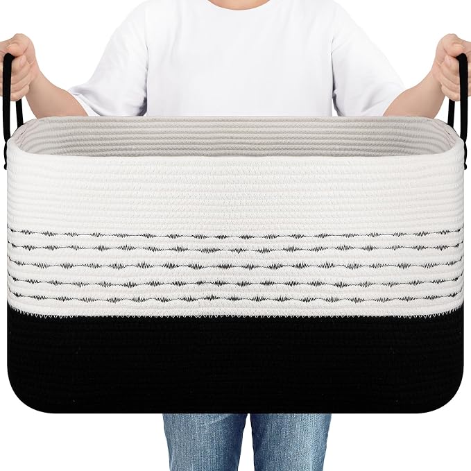 OIASKET 75L Large Cotton Rope Storage Basket, Soft Decorative Blanket Basket for Living Room & Bedroom, Boho Laundry Hamper with Handles Capable of Holding Pillows, Clothes and Toys-Black & White