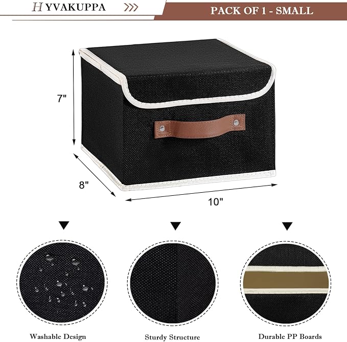 2PCS Collapsible Storage Boxes Baskets with Lid Cotton Linen Fabric Storage Bins with Faux Leather Handles Washable Cube Organizer Container for Home Closet Bedroom (Black, Small Size)