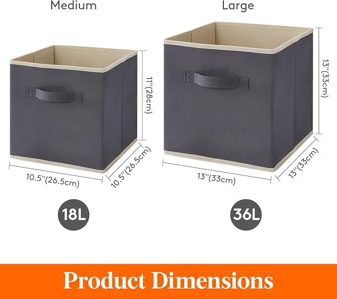Lifewit Storage Cubes, Foldable Decorative Fabric Storage Baskets for Organizing Home Organizers with Handles for Shelves, Closet, 13 Inch Bins, 36L Gray, 10 Packs