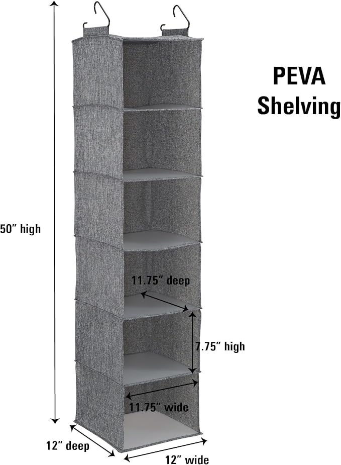 Household Essentials 6 Shelf Hanging Closet Organizer, Hanging Closet Shelf, Fabric Poly Linen and PEVA Shelving