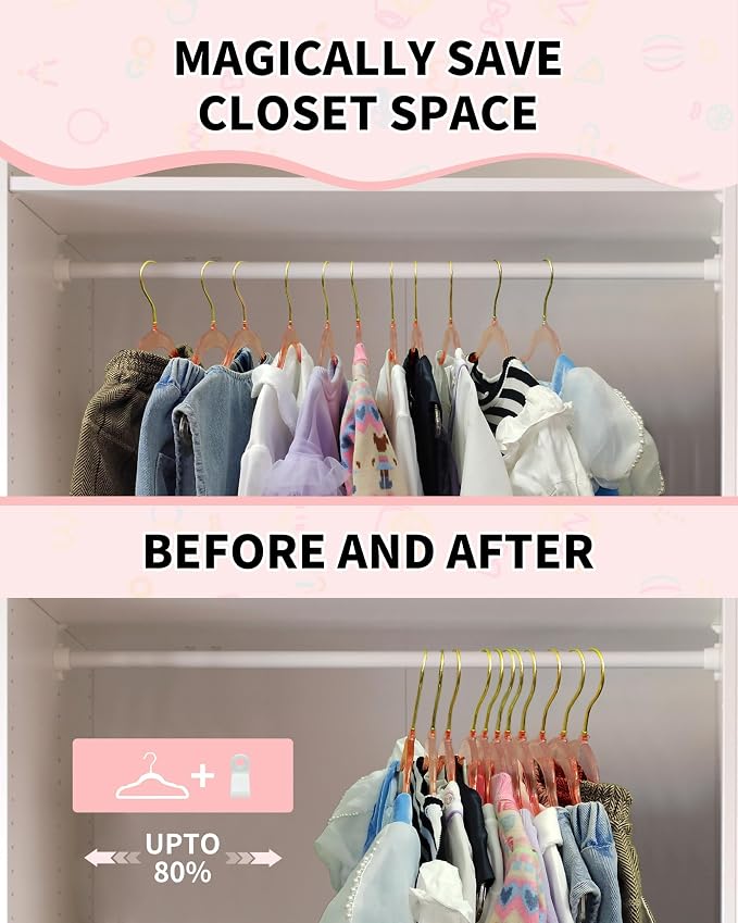 50pcs Slim Clear Toddler Hangers with 10 Connector Hooks for Kid's Closet | Swivel Golden Sparkling Baby Clothes Hangers with Gold Glitter for Infant Coat Outfit, Pink Perchas for Children Gril Nursery