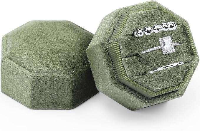 WantGor Velvet Ring Box, 3 Slots Jewelry Ring Gift Box Vintage Ring Display Holder Case for Wedding Ceremony Proposal Engagement (Olive Green)