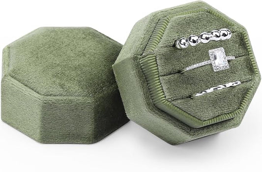WantGor Velvet Ring Box, 3 Slots Jewelry Ring Gift Box Vintage Ring Display Holder Case for Wedding Ceremony Proposal Engagement (Olive Green)