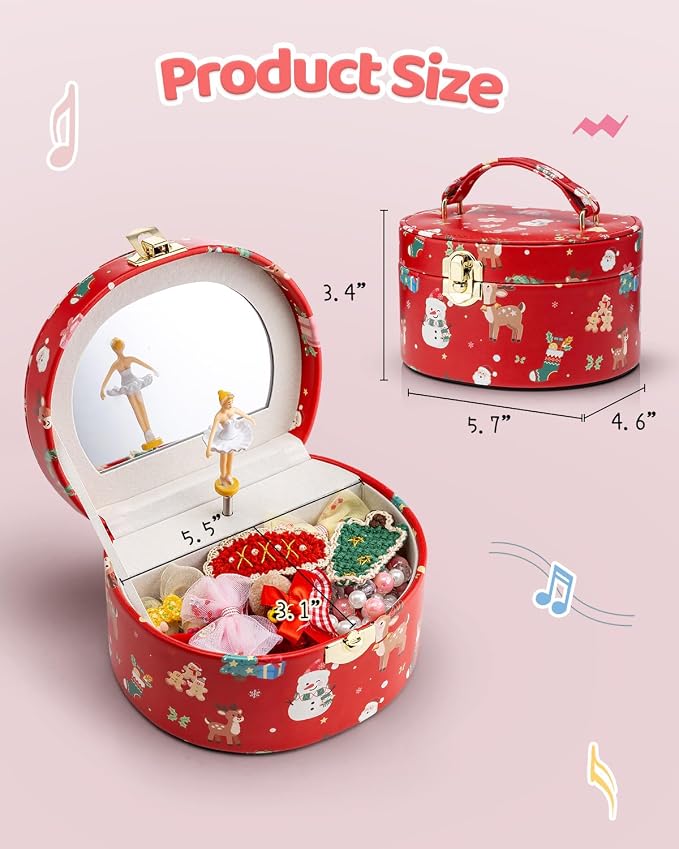 VLANDO 2Pcs Gifts for Girl, Musical Jewelry Box for Girls, Small Kid Music Box with Ballerina for Party Bedroom Decor, Gifts for Girls Kids - Christmas Red