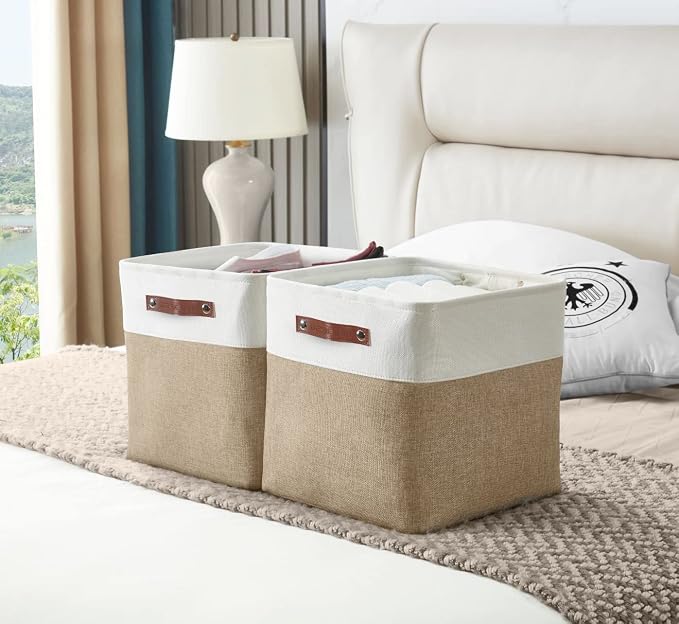 DECOMOMO Cube Storage Bin 11x11, Fabric Storage Bins, Kallax Storage Cubes (Beige & White, 4 Pack)