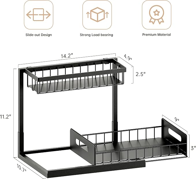 Under Sink Organizer and Storage, Slide Out Cabinet Organizer, Pull Out Sink Shelf for Kitchen Bathroom Laundry, Black, 1 Pack