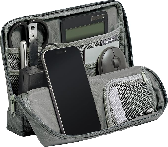 KOKUYO Pencil Case Pouch, Haco-Biz Standing Pen Pouch Bag, Foldable Stand up Pencil Holder Organizer, Large Capacity Portable Pencil Box for Office Supplies, Gray